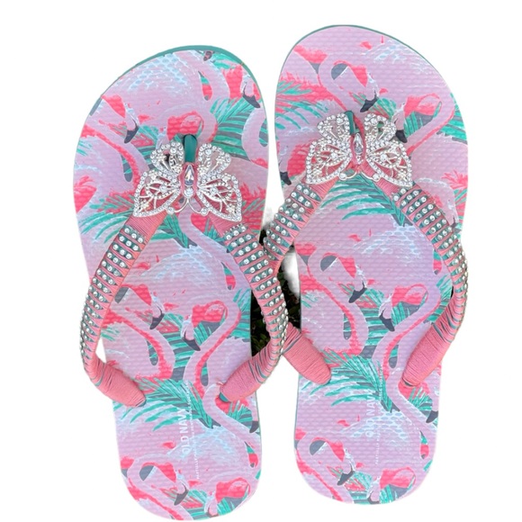 Adult Male Size 6-7, Women Size 7, Peach Flamingo, Crystal Butterfly - Picture 5 of 15
